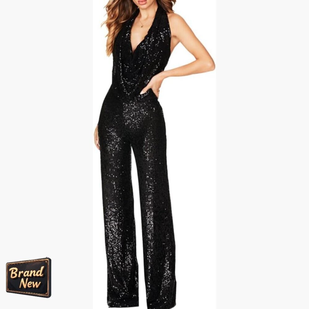 Sequin Halter Backless Jumpsuit Wide Leg Glitter Romper X-Large Polyester